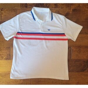 Vintage Adidas Polo Shirt White Red Blue Stripe Trefoil Retro Sports No Size Tag